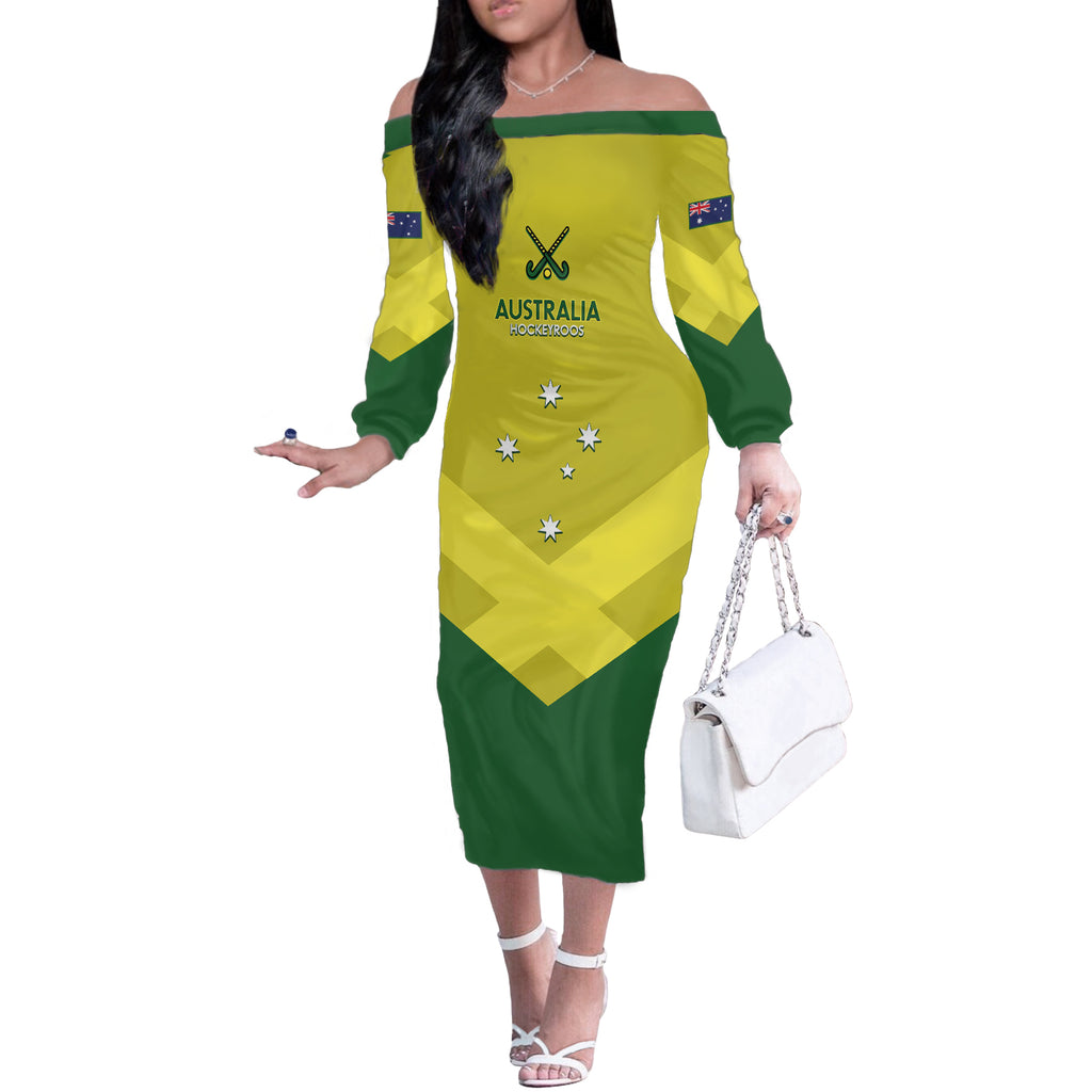 Custom Australia Field Hockey Off The Shoulder Long Sleeve Dress Go Champions Hockeyroos National Color