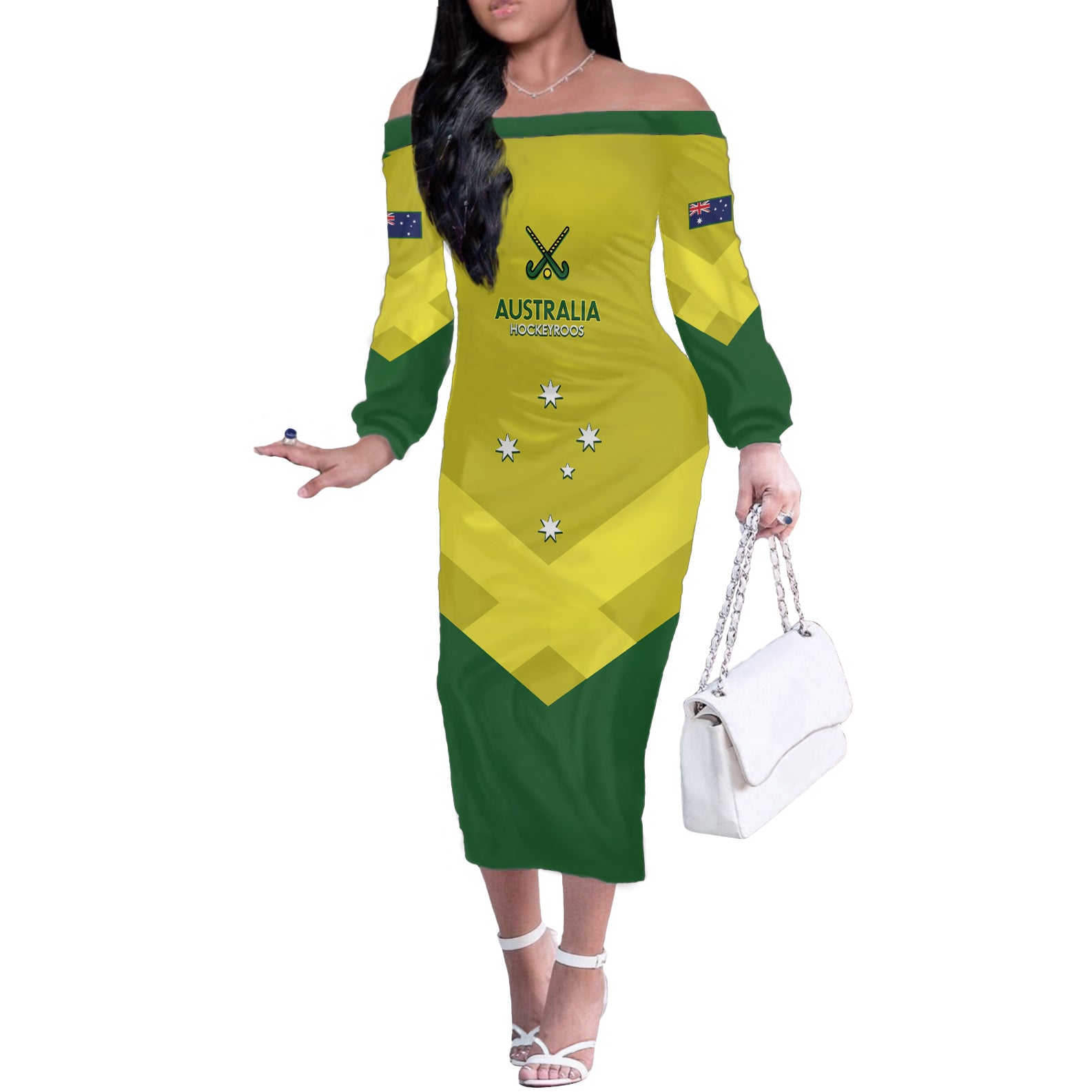 Custom Australia Field Hockey Off The Shoulder Long Sleeve Dress Go Champions Hockeyroos National Color
