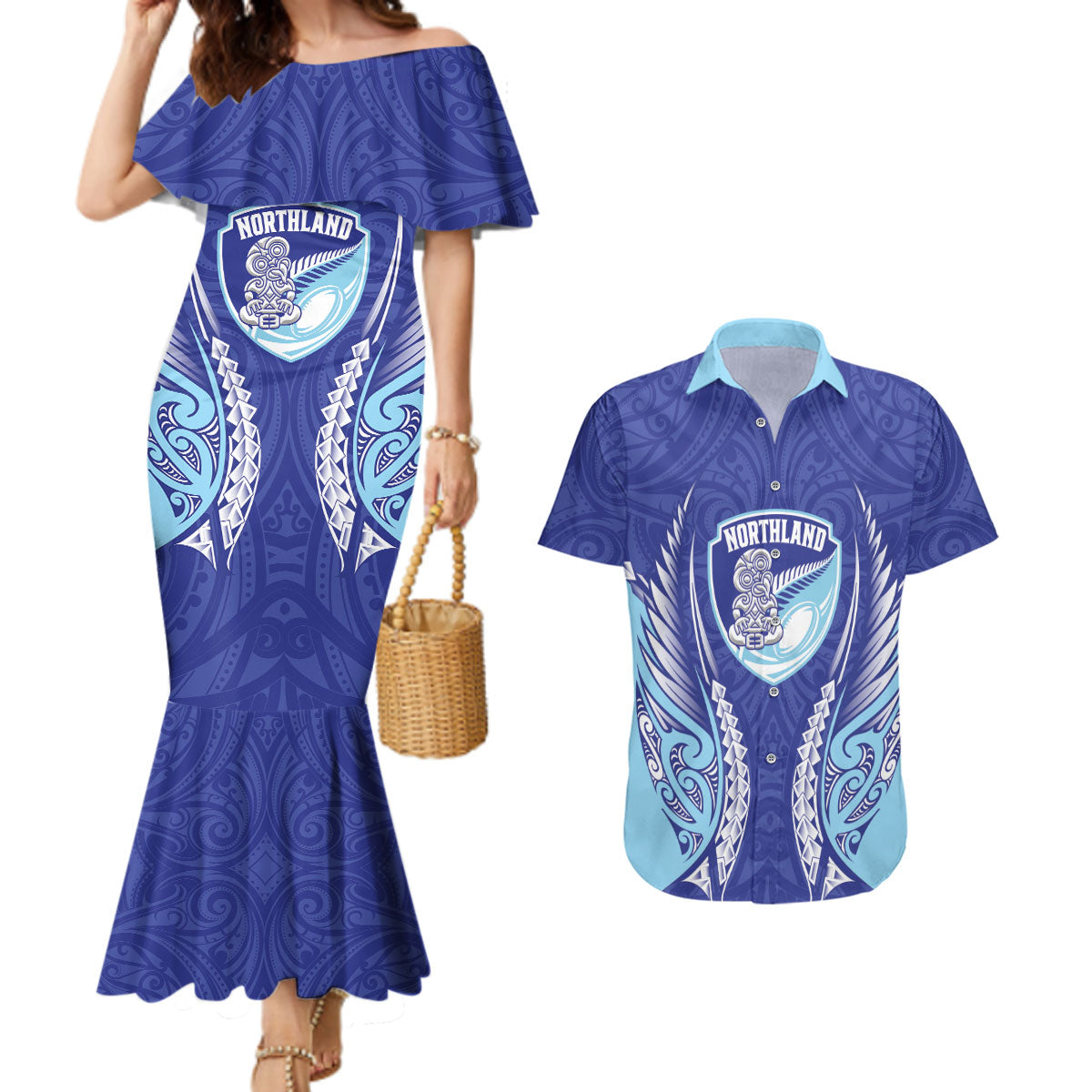 Northland 2026 Rugby Custom Couples Matching Mermaid Dress and Hawaiian Shirt NZ Maori Silver Fern