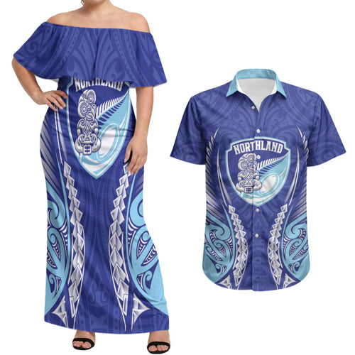 Northland 2026 Rugby Custom Couples Matching Off Shoulder Maxi Dress and Hawaiian Shirt NZ Maori Silver Fern