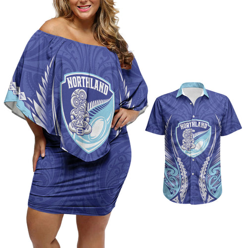 Northland 2026 Rugby Custom Couples Matching Off Shoulder Short Dress and Hawaiian Shirt NZ Maori Silver Fern