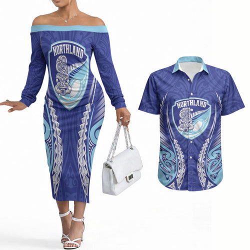 Northland 2026 Rugby Custom Couples Matching Off The Shoulder Long Sleeve Dress and Hawaiian Shirt NZ Maori Silver Fern