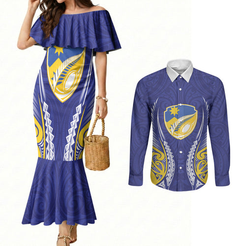 Otago 2026 Rugby Custom Couples Matching Mermaid Dress and Long Sleeve Button Shirt NZ Maori Silver Fern