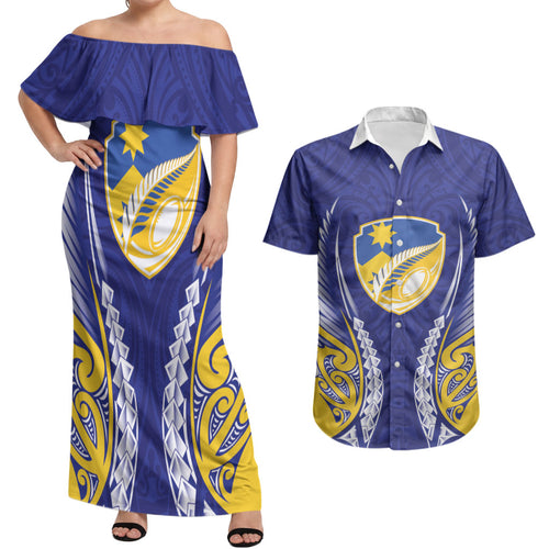 Otago 2026 Rugby Custom Couples Matching Off Shoulder Maxi Dress and Hawaiian Shirt NZ Maori Silver Fern