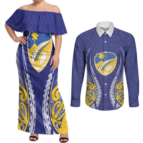 Otago 2026 Rugby Custom Couples Matching Off Shoulder Maxi Dress and Long Sleeve Button Shirt NZ Maori Silver Fern