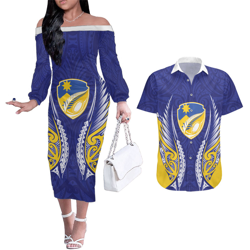 Otago 2026 Rugby Custom Couples Matching Off The Shoulder Long Sleeve Dress and Hawaiian Shirt NZ Maori Silver Fern