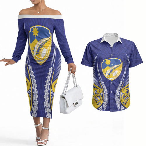 Otago 2026 Rugby Custom Couples Matching Off The Shoulder Long Sleeve Dress and Hawaiian Shirt NZ Maori Silver Fern
