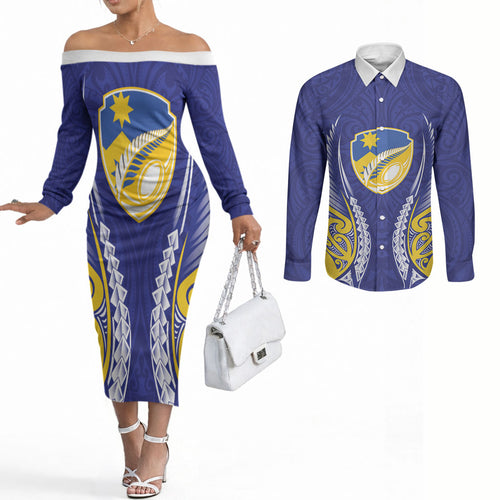Otago 2026 Rugby Custom Couples Matching Off The Shoulder Long Sleeve Dress and Long Sleeve Button Shirt NZ Maori Silver Fern