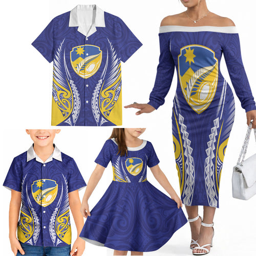Otago 2026 Rugby Custom Family Matching Off The Shoulder Long Sleeve Dress and Hawaiian Shirt NZ Maori Silver Fern