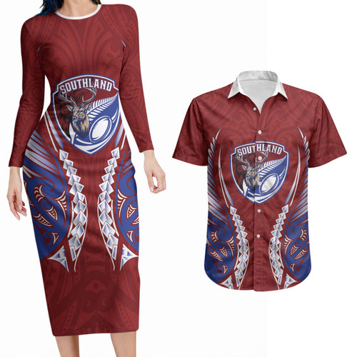 Southland 2026 Rugby Custom Couples Matching Long Sleeve Bodycon Dress and Hawaiian Shirt NZ Maori Silver Fern
