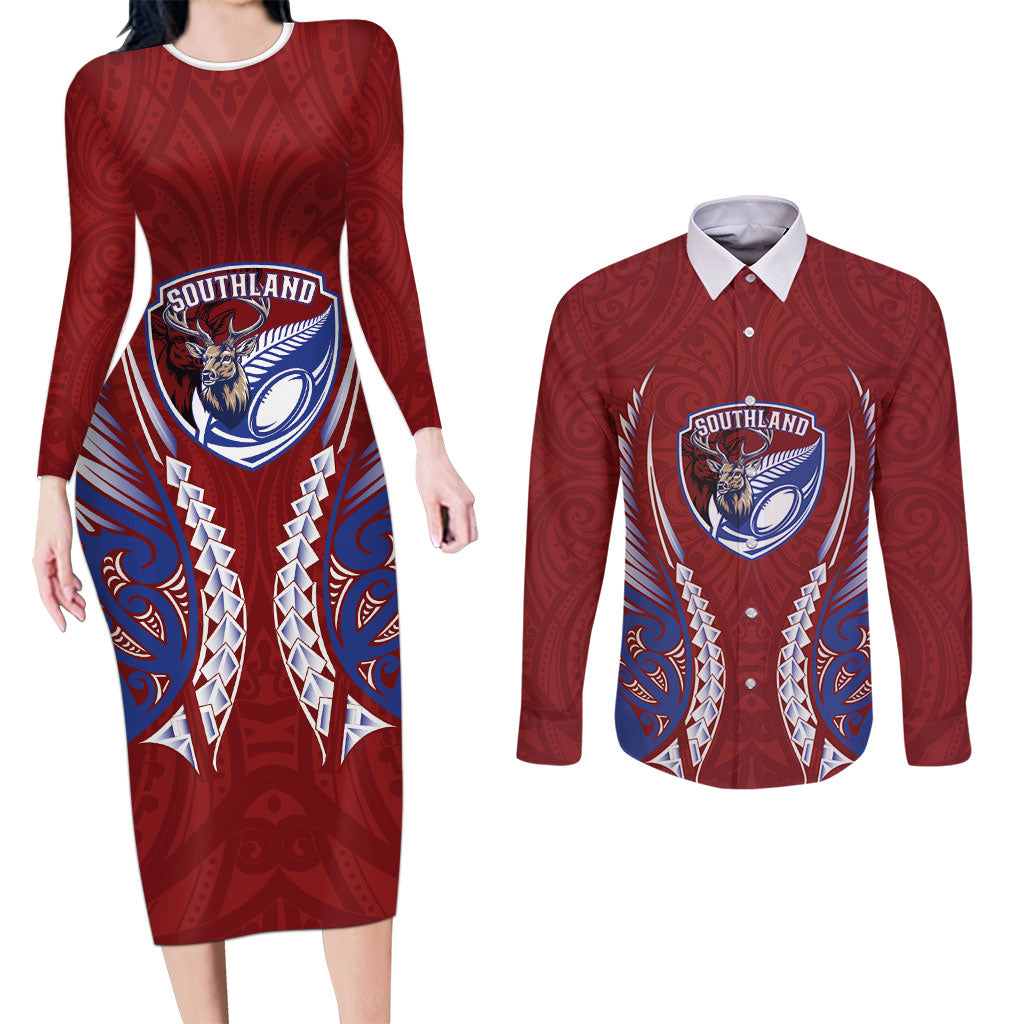 Southland 2026 Rugby Custom Couples Matching Long Sleeve Bodycon Dress and Long Sleeve Button Shirt NZ Maori Silver Fern