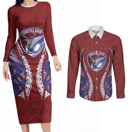 Southland 2026 Rugby Custom Couples Matching Long Sleeve Bodycon Dress and Long Sleeve Button Shirt NZ Maori Silver Fern