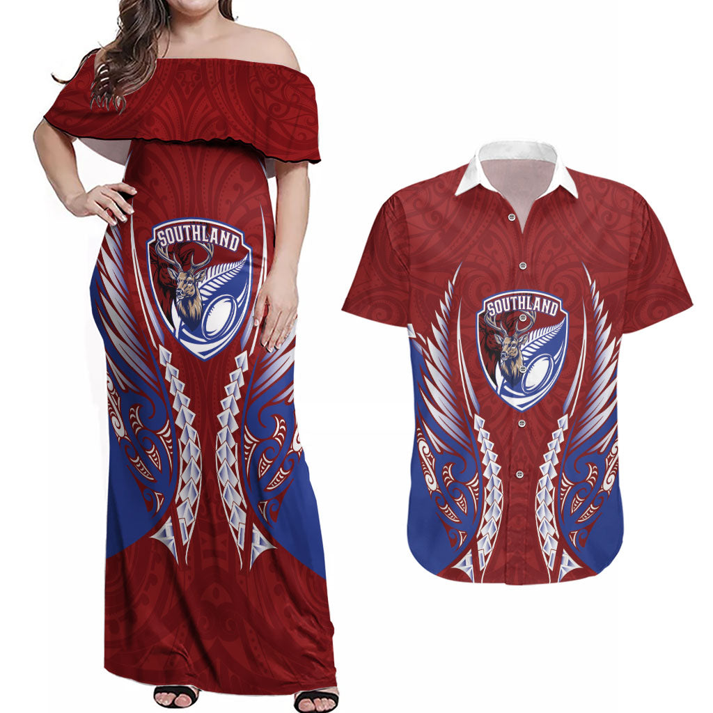Southland 2026 Rugby Custom Couples Matching Off Shoulder Maxi Dress and Hawaiian Shirt NZ Maori Silver Fern