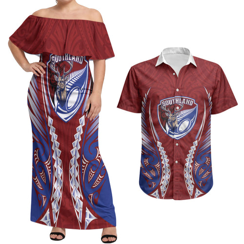 Southland 2026 Rugby Custom Couples Matching Off Shoulder Maxi Dress and Hawaiian Shirt NZ Maori Silver Fern