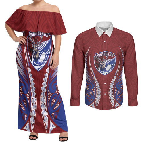 Southland 2026 Rugby Custom Couples Matching Off Shoulder Maxi Dress and Long Sleeve Button Shirt NZ Maori Silver Fern