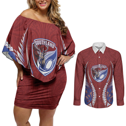 Southland 2026 Rugby Custom Couples Matching Off Shoulder Short Dress and Long Sleeve Button Shirt NZ Maori Silver Fern