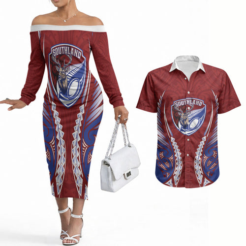 Southland 2026 Rugby Custom Couples Matching Off The Shoulder Long Sleeve Dress and Hawaiian Shirt NZ Maori Silver Fern