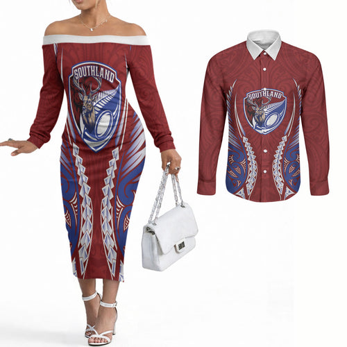 Southland 2026 Rugby Custom Couples Matching Off The Shoulder Long Sleeve Dress and Long Sleeve Button Shirt NZ Maori Silver Fern