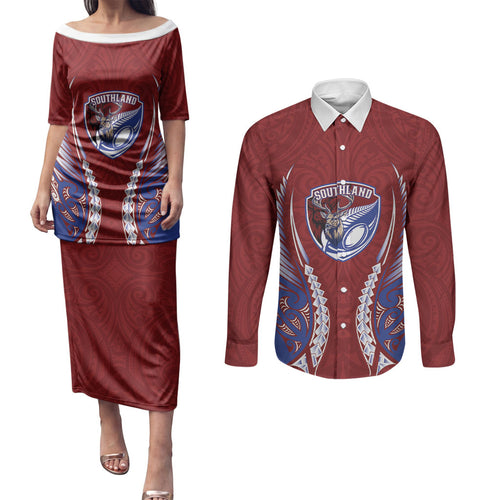 Southland 2026 Rugby Custom Couples Matching Puletasi and Long Sleeve Button Shirt NZ Maori Silver Fern