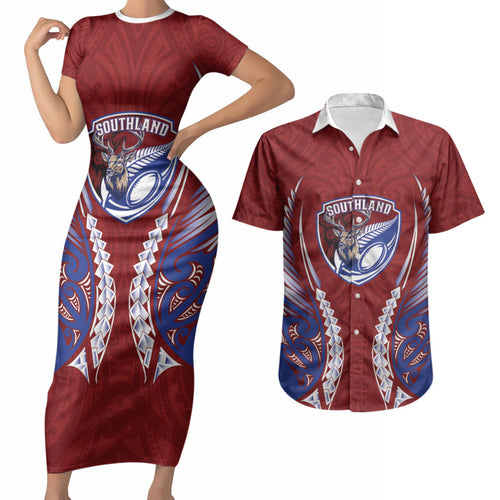 Southland 2026 Rugby Custom Couples Matching Short Sleeve Bodycon Dress and Hawaiian Shirt NZ Maori Silver Fern