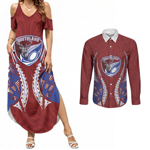 Southland 2026 Rugby Custom Couples Matching Summer Maxi Dress and Long Sleeve Button Shirt NZ Maori Silver Fern