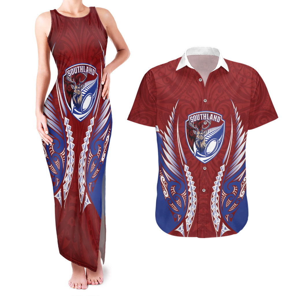 Southland 2026 Rugby Custom Couples Matching Tank Maxi Dress and Hawaiian Shirt NZ Maori Silver Fern
