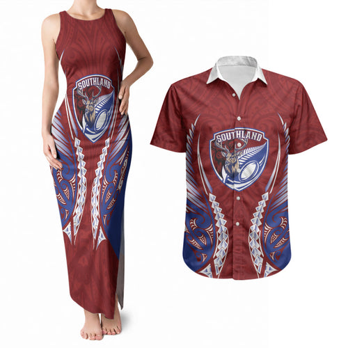 Southland 2026 Rugby Custom Couples Matching Tank Maxi Dress and Hawaiian Shirt NZ Maori Silver Fern