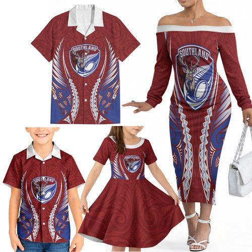 Southland 2026 Rugby Custom Family Matching Off The Shoulder Long Sleeve Dress and Hawaiian Shirt NZ Maori Silver Fern