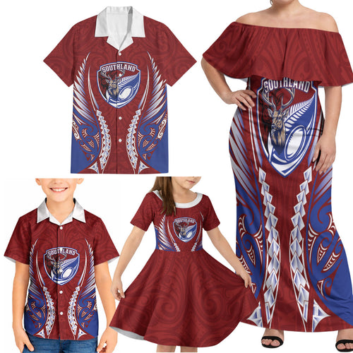 Southland 2026 Rugby Custom Family Matching Off Shoulder Maxi Dress and Hawaiian Shirt NZ Maori Silver Fern