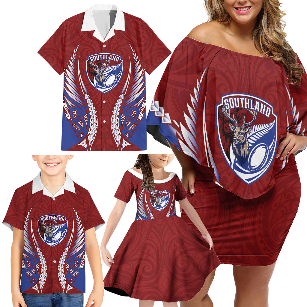 Southland 2026 Rugby Custom Family Matching Off Shoulder Short Dress and Hawaiian Shirt NZ Maori Silver Fern