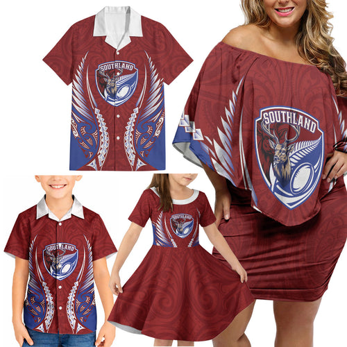 Southland 2026 Rugby Custom Family Matching Off Shoulder Short Dress and Hawaiian Shirt NZ Maori Silver Fern