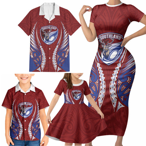 Southland 2026 Rugby Custom Family Matching Short Sleeve Bodycon Dress and Hawaiian Shirt NZ Maori Silver Fern