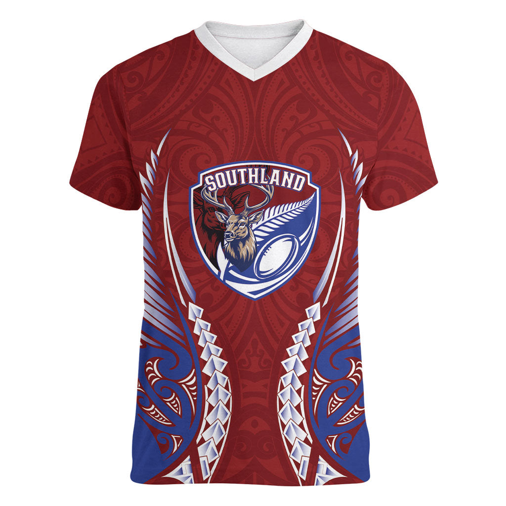 Southland 2026 Rugby Custom Women V-Neck T-Shirt NZ Maori Silver Fern