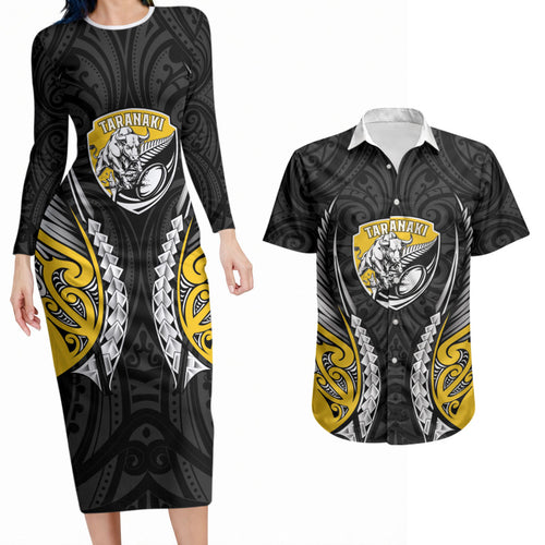 Taranaki 2026 Rugby Custom Couples Matching Long Sleeve Bodycon Dress and Hawaiian Shirt NZ Maori Silver Fern