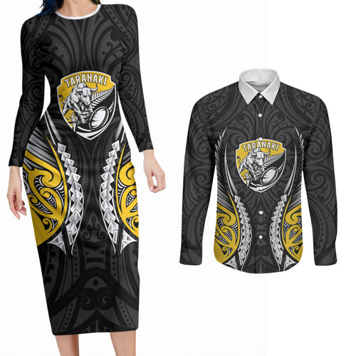 Taranaki 2026 Rugby Custom Couples Matching Long Sleeve Bodycon Dress and Long Sleeve Button Shirt NZ Maori Silver Fern