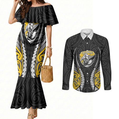 Taranaki 2026 Rugby Custom Couples Matching Mermaid Dress and Long Sleeve Button Shirt NZ Maori Silver Fern