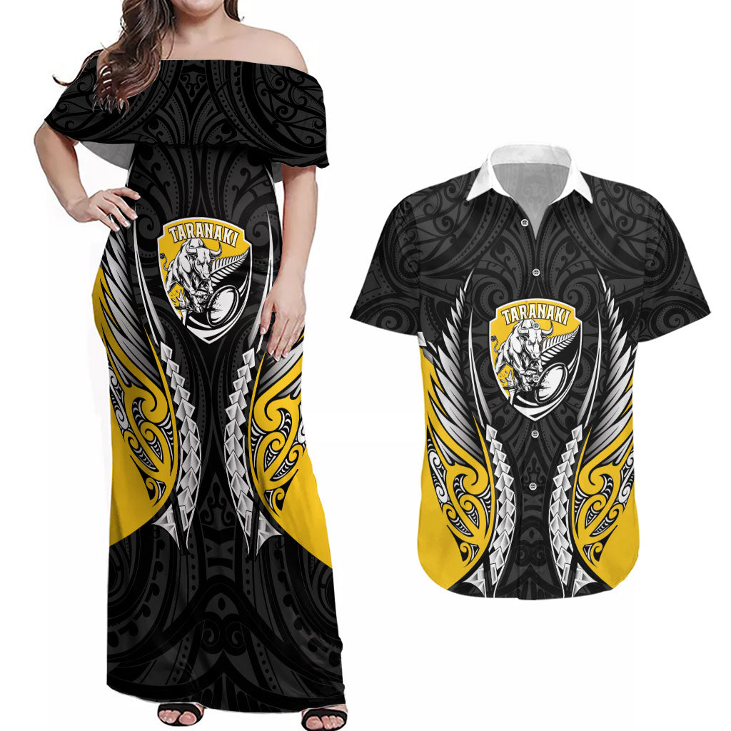 Taranaki 2026 Rugby Custom Couples Matching Off Shoulder Maxi Dress and Hawaiian Shirt NZ Maori Silver Fern