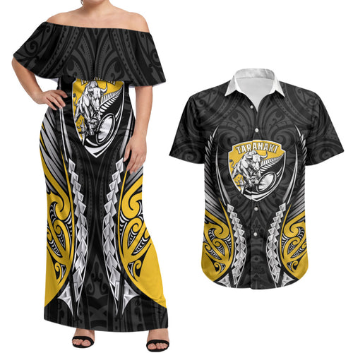 Taranaki 2026 Rugby Custom Couples Matching Off Shoulder Maxi Dress and Hawaiian Shirt NZ Maori Silver Fern