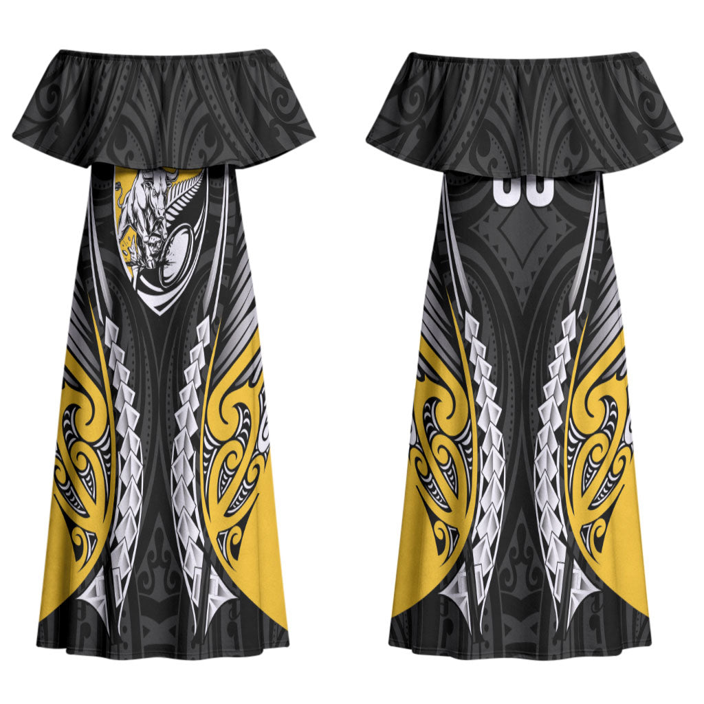 Taranaki 2026 Rugby Custom Couples Matching Off Shoulder Maxi Dress and Hawaiian Shirt NZ Maori Silver Fern LT14