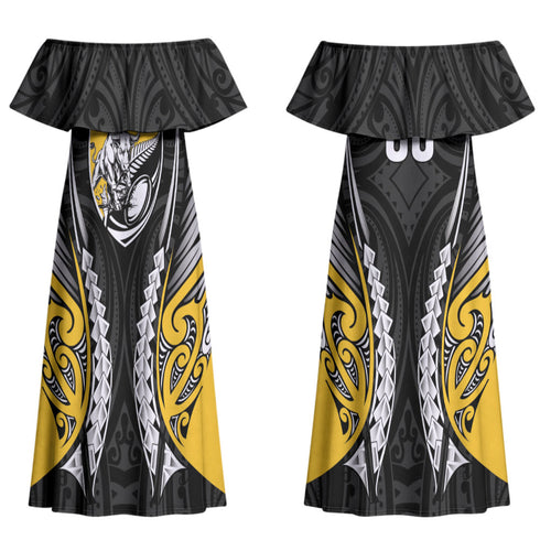 Taranaki 2026 Rugby Custom Couples Matching Off Shoulder Maxi Dress and Hawaiian Shirt NZ Maori Silver Fern LT14
