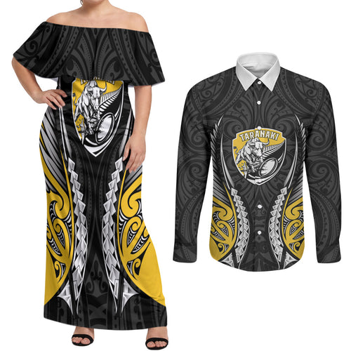Taranaki 2026 Rugby Custom Couples Matching Off Shoulder Maxi Dress and Long Sleeve Button Shirt NZ Maori Silver Fern