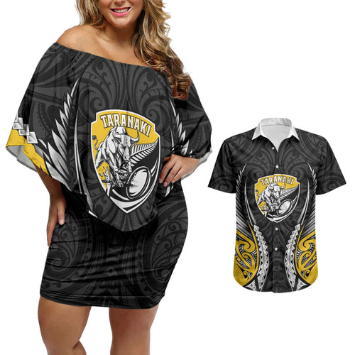 Taranaki 2026 Rugby Custom Couples Matching Off Shoulder Short Dress and Hawaiian Shirt NZ Maori Silver Fern