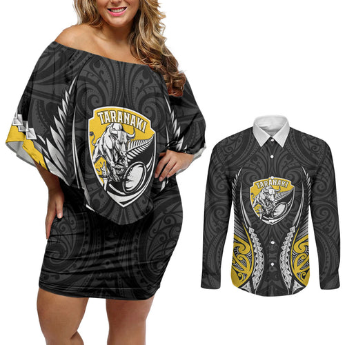 Taranaki 2026 Rugby Custom Couples Matching Off Shoulder Short Dress and Long Sleeve Button Shirt NZ Maori Silver Fern