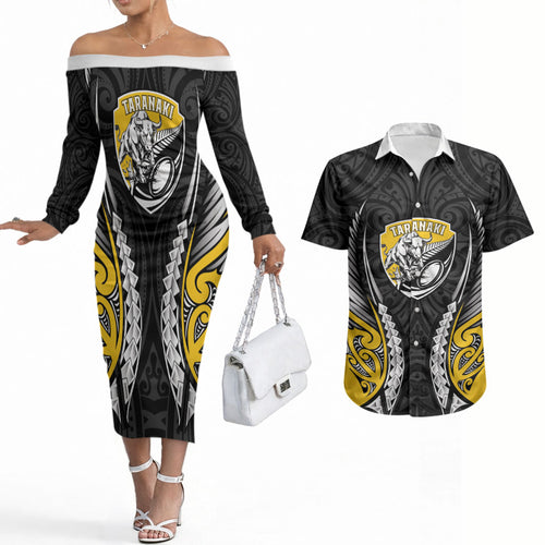 Taranaki 2026 Rugby Custom Couples Matching Off The Shoulder Long Sleeve Dress and Hawaiian Shirt NZ Maori Silver Fern