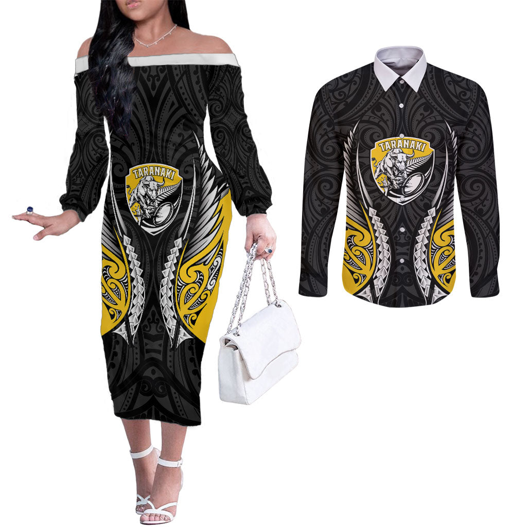 Taranaki 2026 Rugby Custom Couples Matching Off The Shoulder Long Sleeve Dress and Long Sleeve Button Shirt NZ Maori Silver Fern