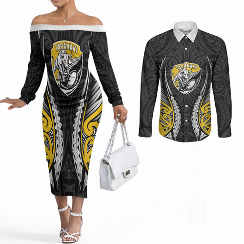 Taranaki 2026 Rugby Custom Couples Matching Off The Shoulder Long Sleeve Dress and Long Sleeve Button Shirt NZ Maori Silver Fern