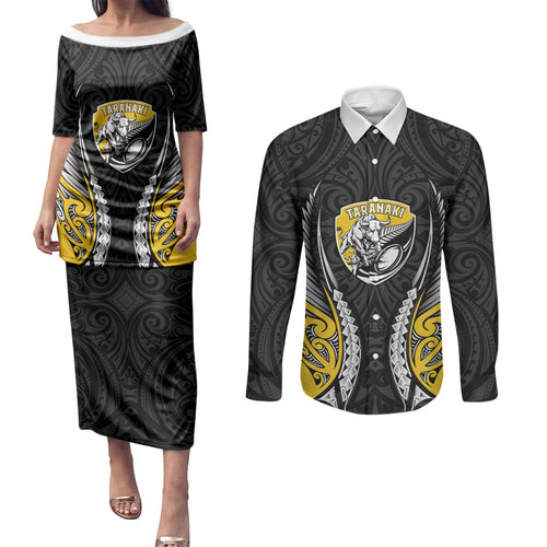 Taranaki 2026 Rugby Custom Couples Matching Puletasi and Long Sleeve Button Shirt NZ Maori Silver Fern