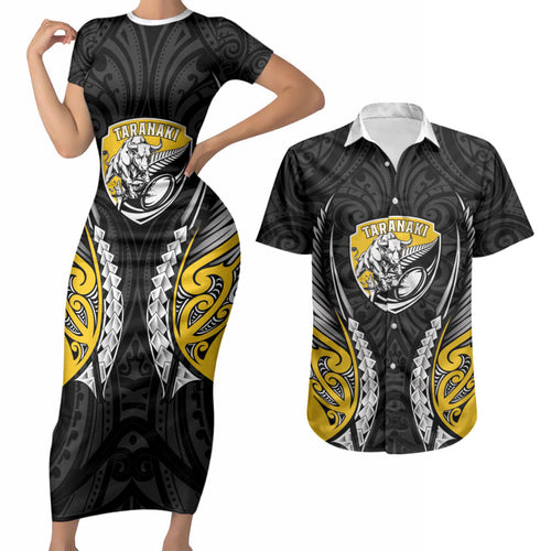 Taranaki 2026 Rugby Custom Couples Matching Short Sleeve Bodycon Dress and Hawaiian Shirt NZ Maori Silver Fern
