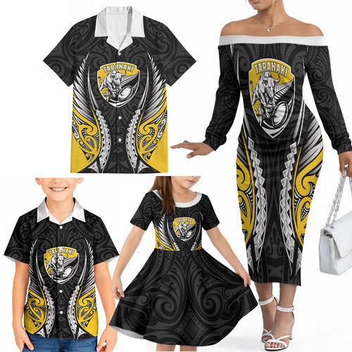 Taranaki 2026 Rugby Custom Family Matching Off The Shoulder Long Sleeve Dress and Hawaiian Shirt NZ Maori Silver Fern