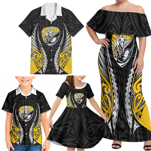Taranaki 2026 Rugby Custom Family Matching Off Shoulder Maxi Dress and Hawaiian Shirt NZ Maori Silver Fern